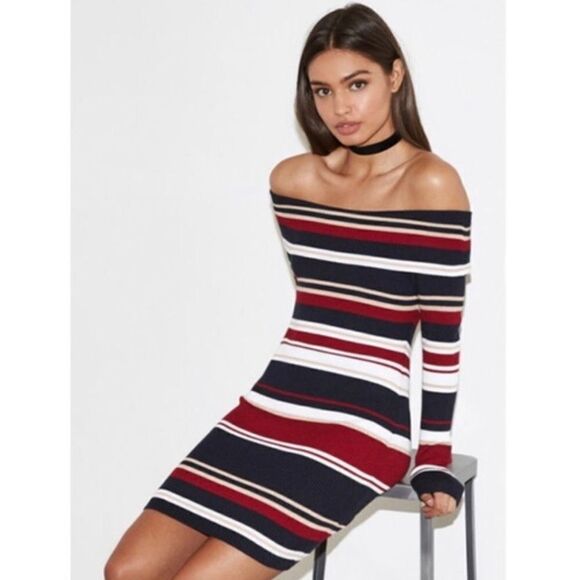 Kendall & Kylie Y2K 90s Style Stripe Off-The-Shoulder Dress - Picture 1 of 13